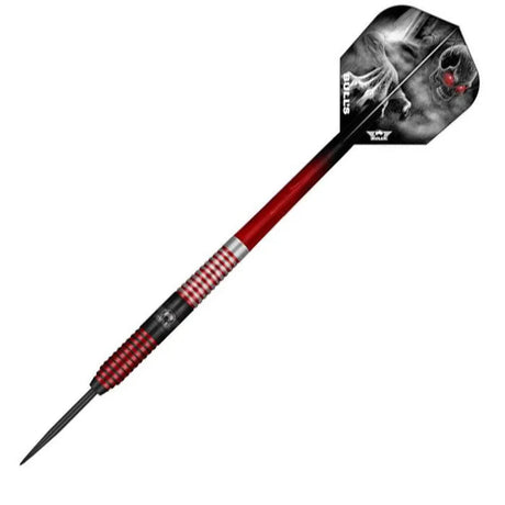 Tungsten dart full view with red and black ringed grip, graphic flights, sharp point, isolated on white background