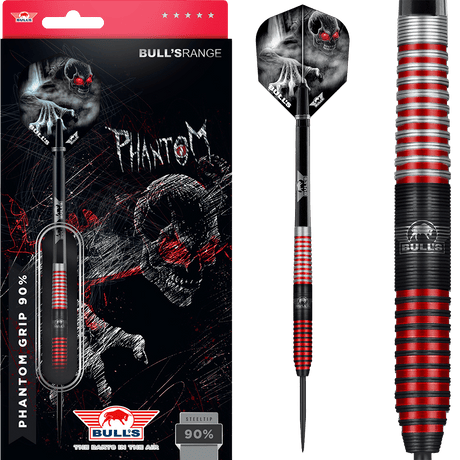Steel tip tungsten darts in retail packaging with ghost-themed flights and a close-up of red and black ringed grip barrel
