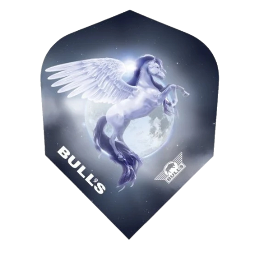 Blue dart flight No.6 shape with Pegasus design and moon background, isolated on white, perfect for steel tip or soft tip darts