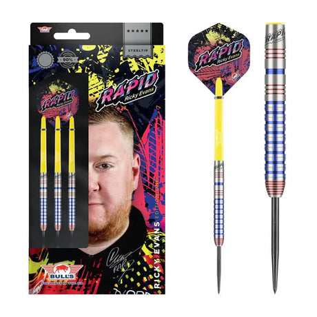 Steel tip tungsten darts with blue ringed grip and yellow flights, displayed in packaging and isolated on white background