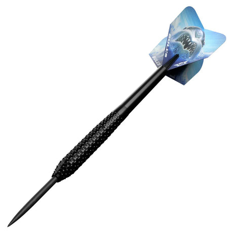 Angled view of black tungsten dart with knurled grip barrel and shark design flights on white background