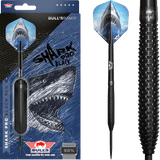 Steel tip tungsten dart in retail packaging and close-up of black shark grip barrel, featuring aggressive knurling and shark graphic flight.