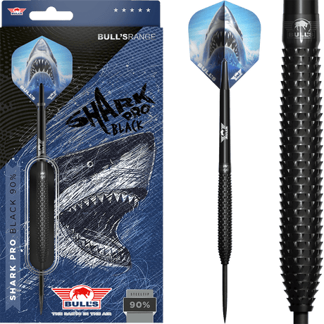 Steel tip tungsten dart in retail packaging and close-up of black shark grip barrel, featuring aggressive knurling and shark graphic flight.