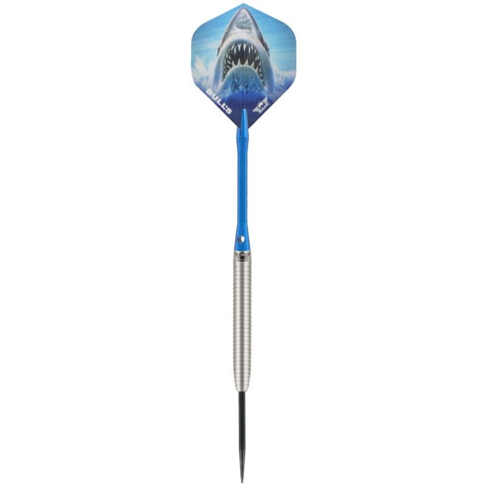 90% tungsten dart with blue shark design flight, blue shaft, and ringed silver barrel shown on white background