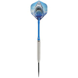 90% tungsten dart with blue shark design flight, blue shaft, and ringed silver barrel shown on white background