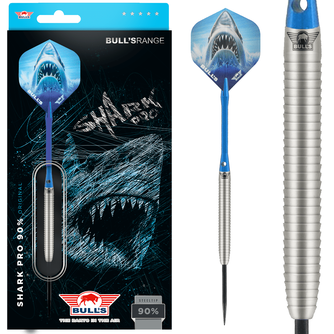 Shark Pro 90% tungsten steel tip darts in retail packaging with close-up of precision ringed barrel grip and shark-themed flight