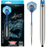 Shark Pro 90% tungsten steel tip darts in retail packaging with close-up of precision ringed barrel grip and shark-themed flight