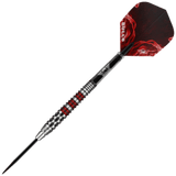 Full view tungsten dart with red grooved grip and Smoke Red Flare flights isolated on white, highlighting barrel texture and sharp steel tip
