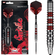 Steel tip tungsten dart in retail packaging with red smoke flights and close-up of barrel grip rings and red accents
