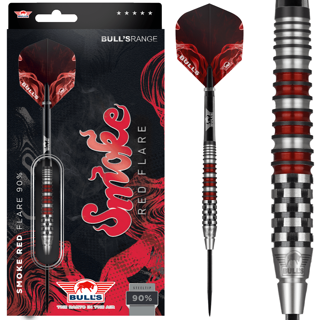 Steel tip tungsten dart in retail packaging with red smoke flights and close-up of barrel grip rings and red accents