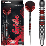 Steel tip tungsten dart in retail packaging with red smoke flights and close-up of barrel grip rings and red accents