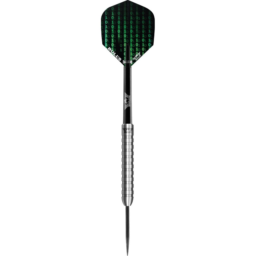 Tungsten dart with ringed grip barrel, steel tip, and green digital pattern flight on clean white background