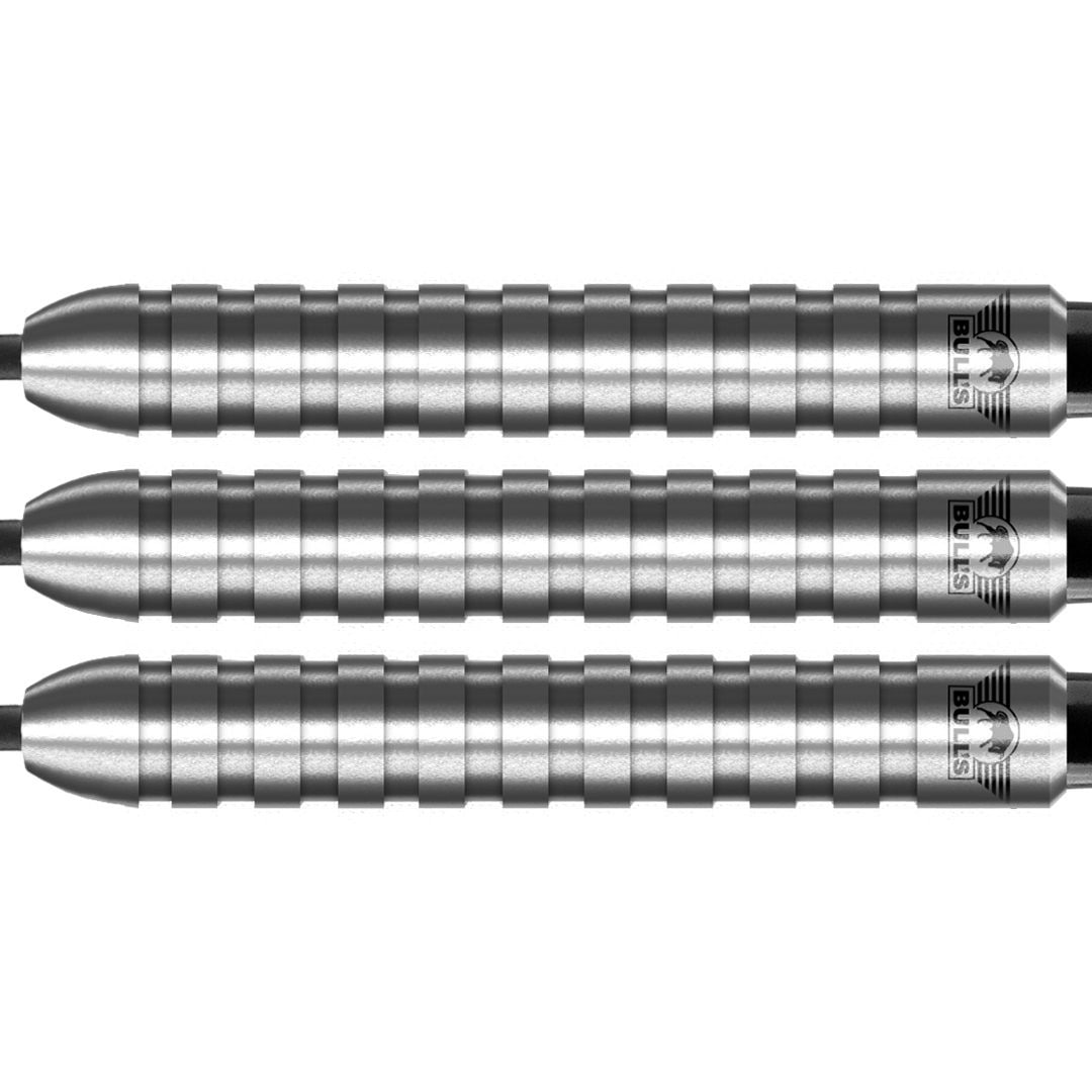 Close-up of three 70% tungsten dart barrels with ringed grip pattern, isolated on white, showcasing precision grip and detailed barrel design