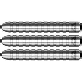 Close-up of three 70% tungsten dart barrels with ringed grip pattern, isolated on white, showcasing precision grip and detailed barrel design