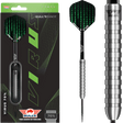 Steel tip tungsten dart set in retail packaging with binary pattern flights and a close-up highlighting ringed grip barrel
