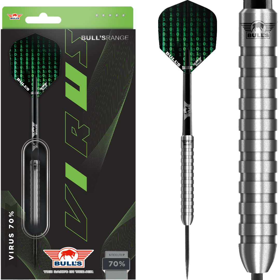 Steel tip tungsten dart set in retail packaging with binary pattern flights and a close-up highlighting ringed grip barrel