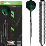 Steel tip tungsten dart set in retail packaging with binary pattern flights and a close-up highlighting ringed grip barrel