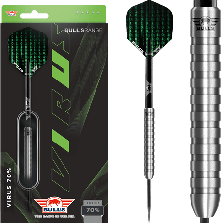 Steel tip tungsten dart set in retail packaging with binary pattern flights and a close-up highlighting ringed grip barrel