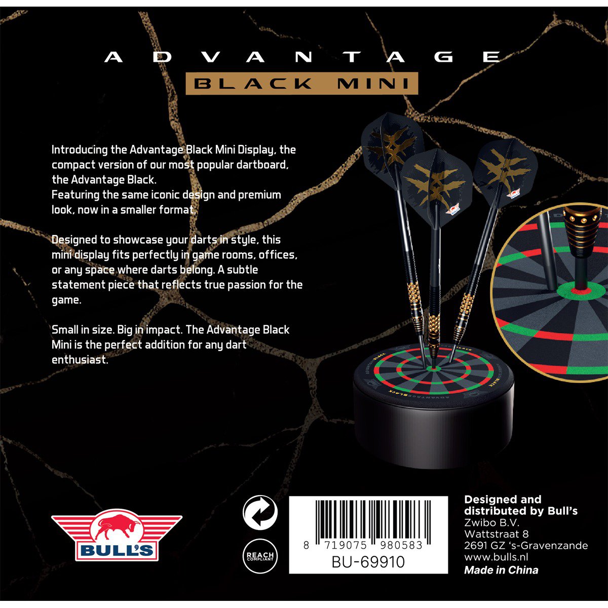 Bull's NL Advantage Black Dart Dock - packaging back with product details