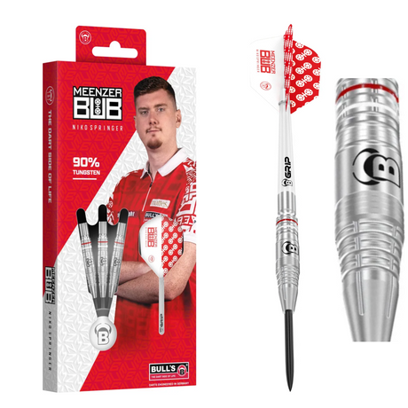 Bull's Niko Springer 90% tungsten darts — packaging, full dart and barrel close-up