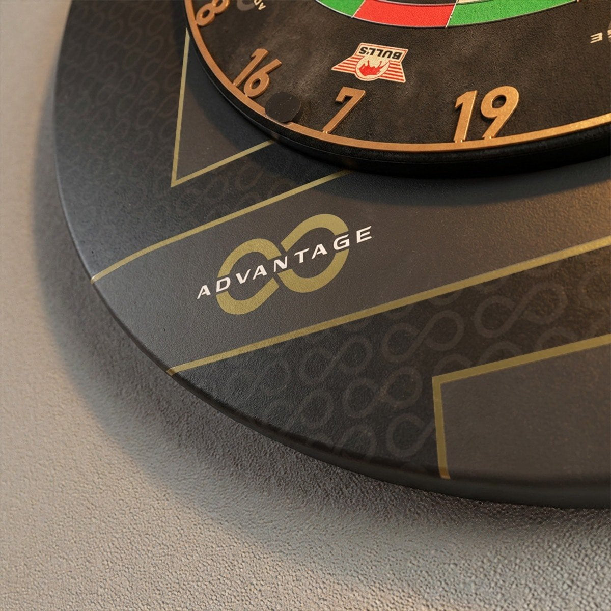Bull's NL Advantage 8 surround fitted around a dartboard, angled view
