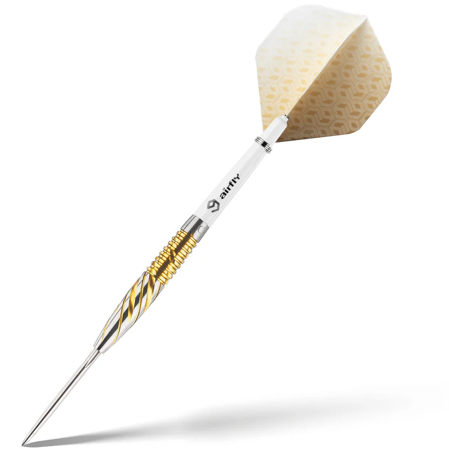 Angled full view of 95% tungsten dart with gold spiral grip, white shaft, patterned flight, isolated on white background