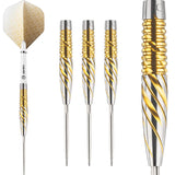 Nexus N1 95% tungsten darts with gold spiral grip, full dart and barrels, macro close-up of barrel texture, isolated on white background