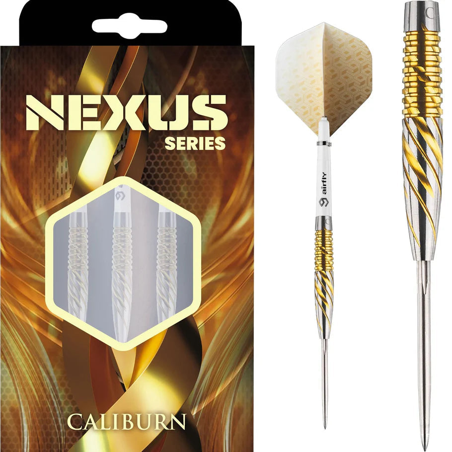 95% tungsten darts set in retail packaging and full dart close-up, featuring gold spiral barrel grip and precision steel tip.