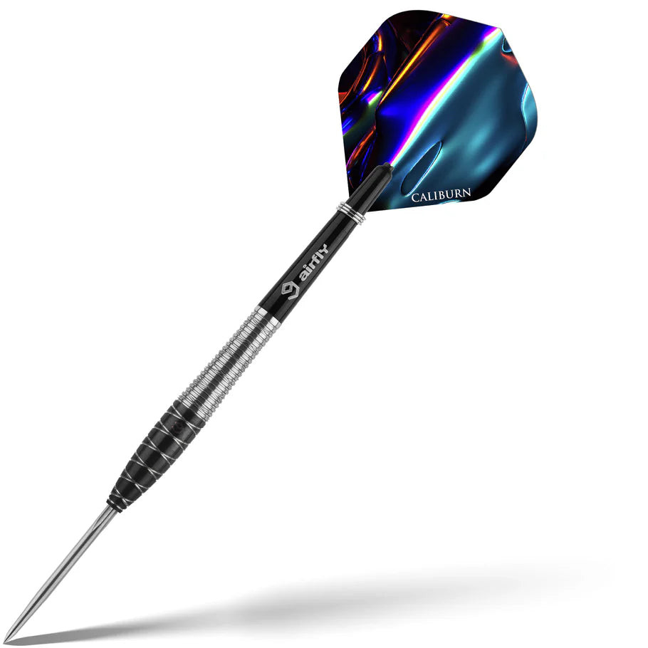Angled view of a 90% tungsten steel tip dart with machined grip barrel and iridescent flight, isolated on white background
