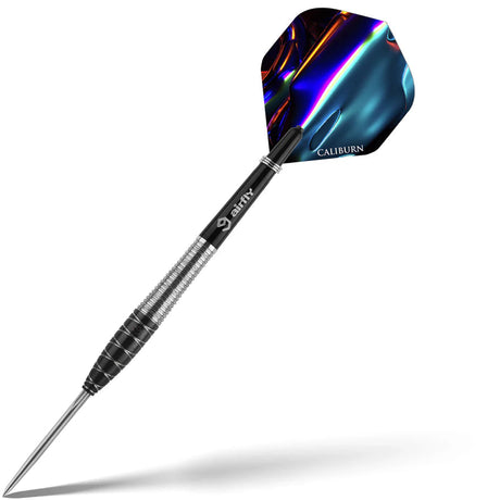 Angled view of a 90% tungsten steel tip dart with machined grip barrel and iridescent flight, isolated on white background