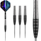 90 percent tungsten steel tip darts displayed with close-up barrel grip detail, full dart, and set of three barrels on white background