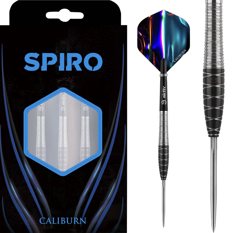 Steel tip tungsten darts set in retail packaging with close-up of spiral grooved barrel grip and prismatic flight design
