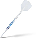 Full view tungsten dart with silver-blue barrel detailing and white flight, isolated on white background