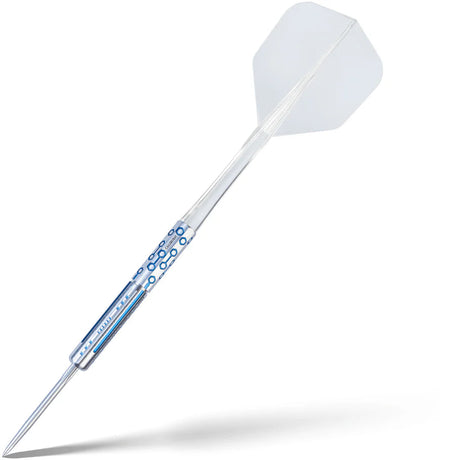 Full view tungsten dart with silver-blue barrel detailing and white flight, isolated on white background