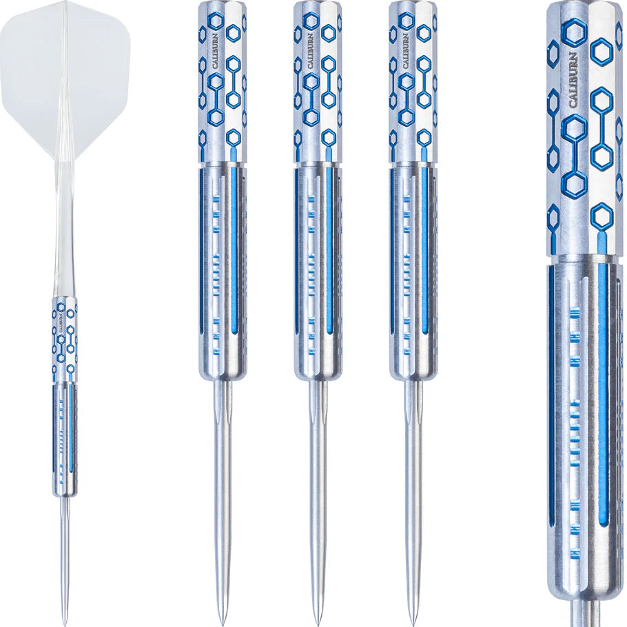 angled and close-up views of 95% tungsten darts with hexagonal blue barrel grip, steel tips, and one full dart with flight on white background