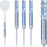 angled and close-up views of 95% tungsten darts with hexagonal blue barrel grip, steel tips, and one full dart with flight on white background