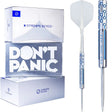 Full view of 95% tungsten dart with geometric blue barrel design next to Starship Series packaging, isolated on white background