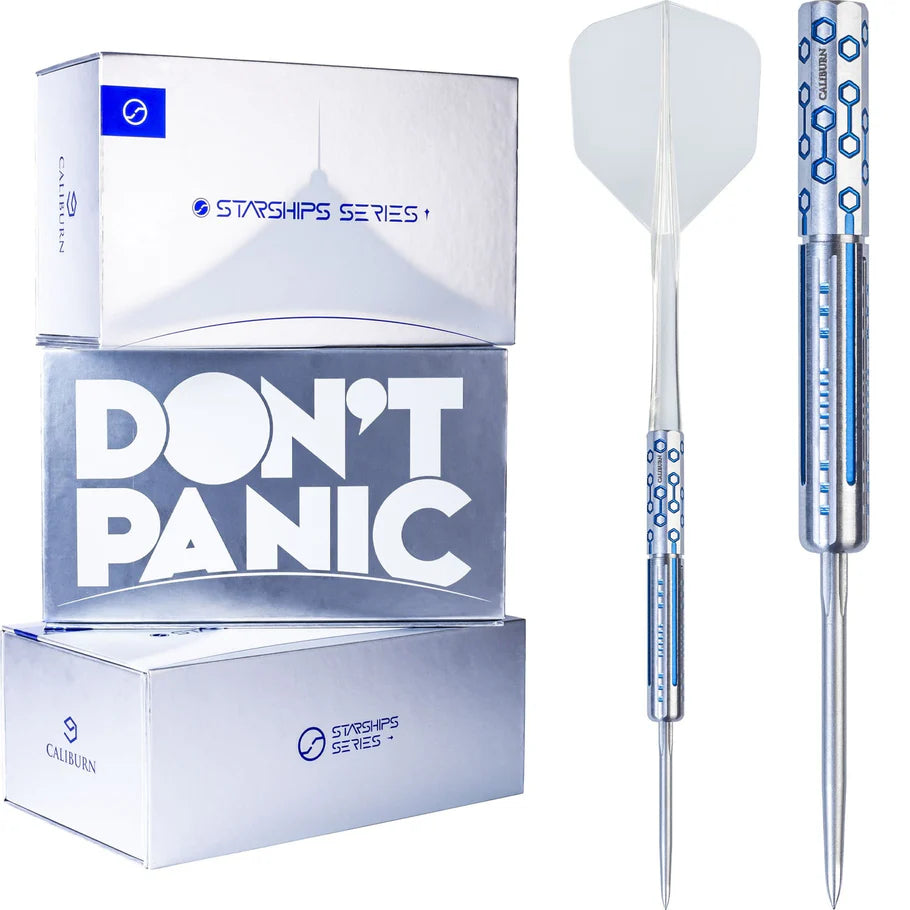 Full view of 95% tungsten dart with geometric blue barrel design next to Starship Series packaging, isolated on white background