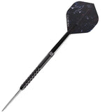 Single 95% tungsten dart full view on white, black coated barrel with rear rings, wave grip, and custom flight