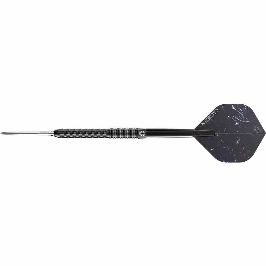 Full view tungsten dart isolated on white, showing wave grip pattern, rear rings, straight black barrel, and marbled flight