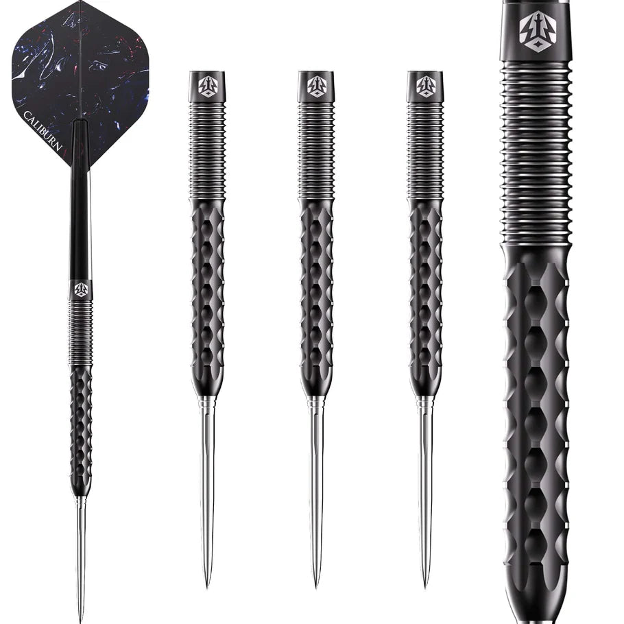 Straight black tungsten darts with rear ring grip, wave-like knurling, full set and close-up barrel detail on white background