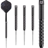 Straight black tungsten darts with rear ring grip, wave-like knurling, full set and close-up barrel detail on white background