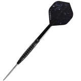 Full view tungsten dart with black-coated barrel, ringed grip, and textured flights on white background