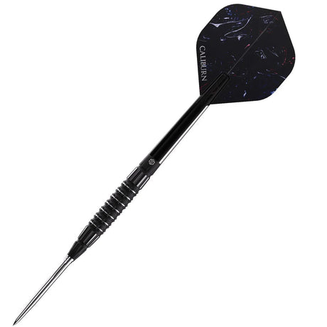 Full view tungsten dart with black-coated barrel, ringed grip, and textured flights on white background