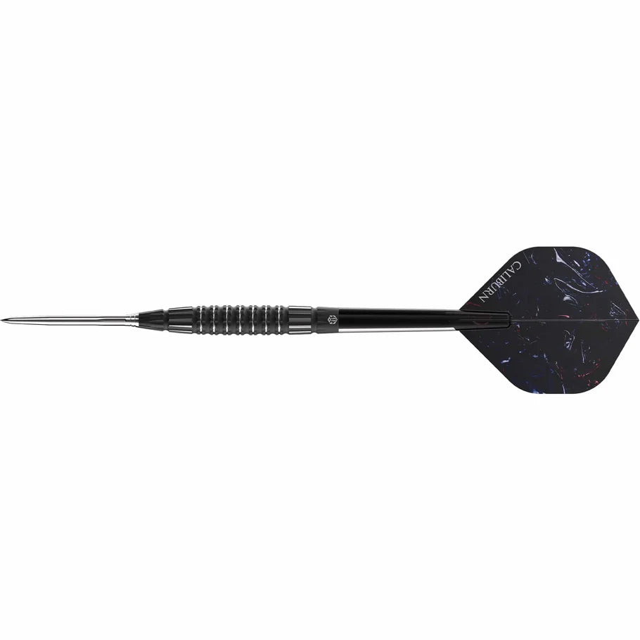 Full view tungsten dart isolated on white, showing black ringed grip barrel and marbled black flight for precision dart players