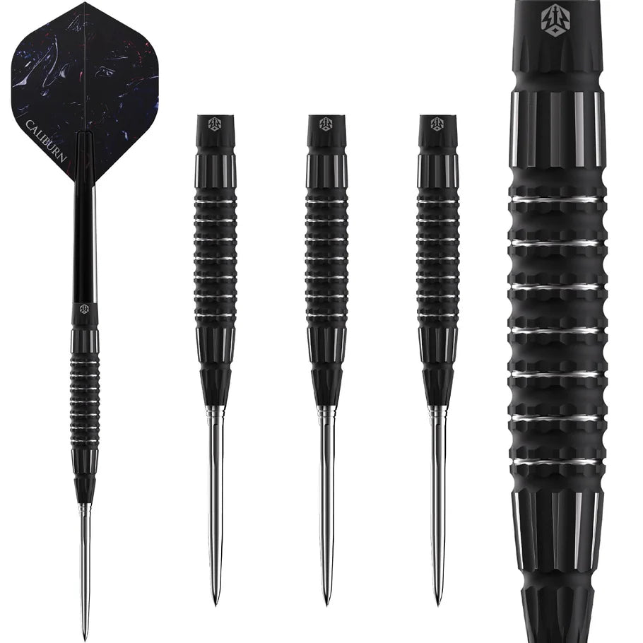 Four 95% tungsten darts with black ringed grips and extra milling, plus close-up barrel detail, isolated on white background