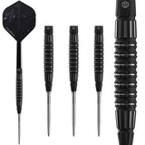 Four 95% tungsten darts with black ringed grips and extra milling, plus close-up barrel detail, isolated on white background