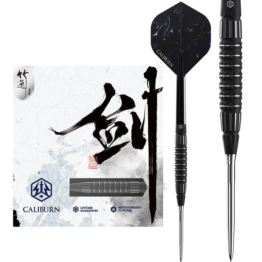 Full view of two 95% tungsten darts with black ringed grip, sharp steel tips, and stylish packaging highlighting barrel texture