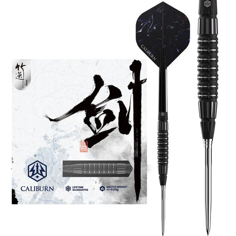 Full view of two 95% tungsten darts with black ringed grip, sharp steel tips, and stylish packaging highlighting barrel texture