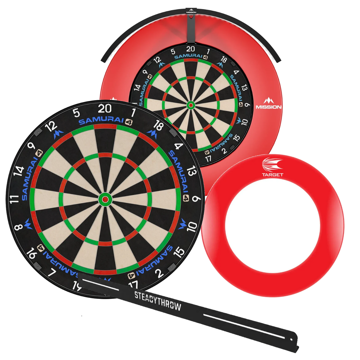 Complete Darts Setup Bundle - Samurai 4 White, Pro Tour Surround + Torus 120 + SteadyThrow